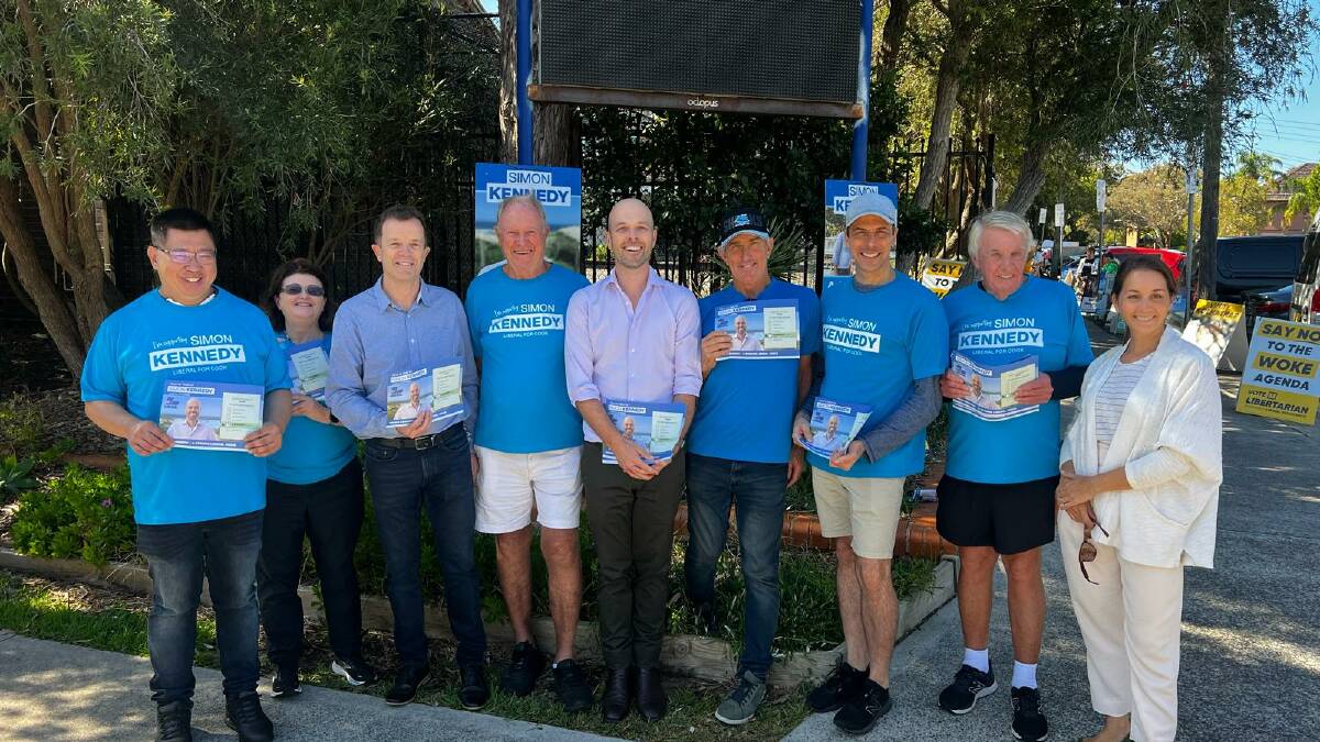 Simon Kennedy with supporters, including (on his right) former Cook MP Bruce Baird and Cronulla MP and State Opposition Leader Mark Speakman. Picture supplied