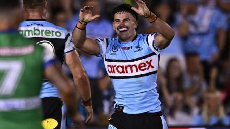 Late call-up Daniel Atkinson enjoyed a memorable first start for the Sharks against the Raiders. (James Gourley/AAP PHOTOS)
